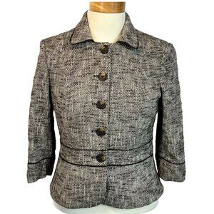 Ann Taylor LOFT Brown and White Tweed Blazer w/ Decorative Brown Piping, Size 6